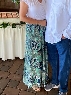 Angels Envy Teal and Navy SILK Floral Wrap Maxi Skirt